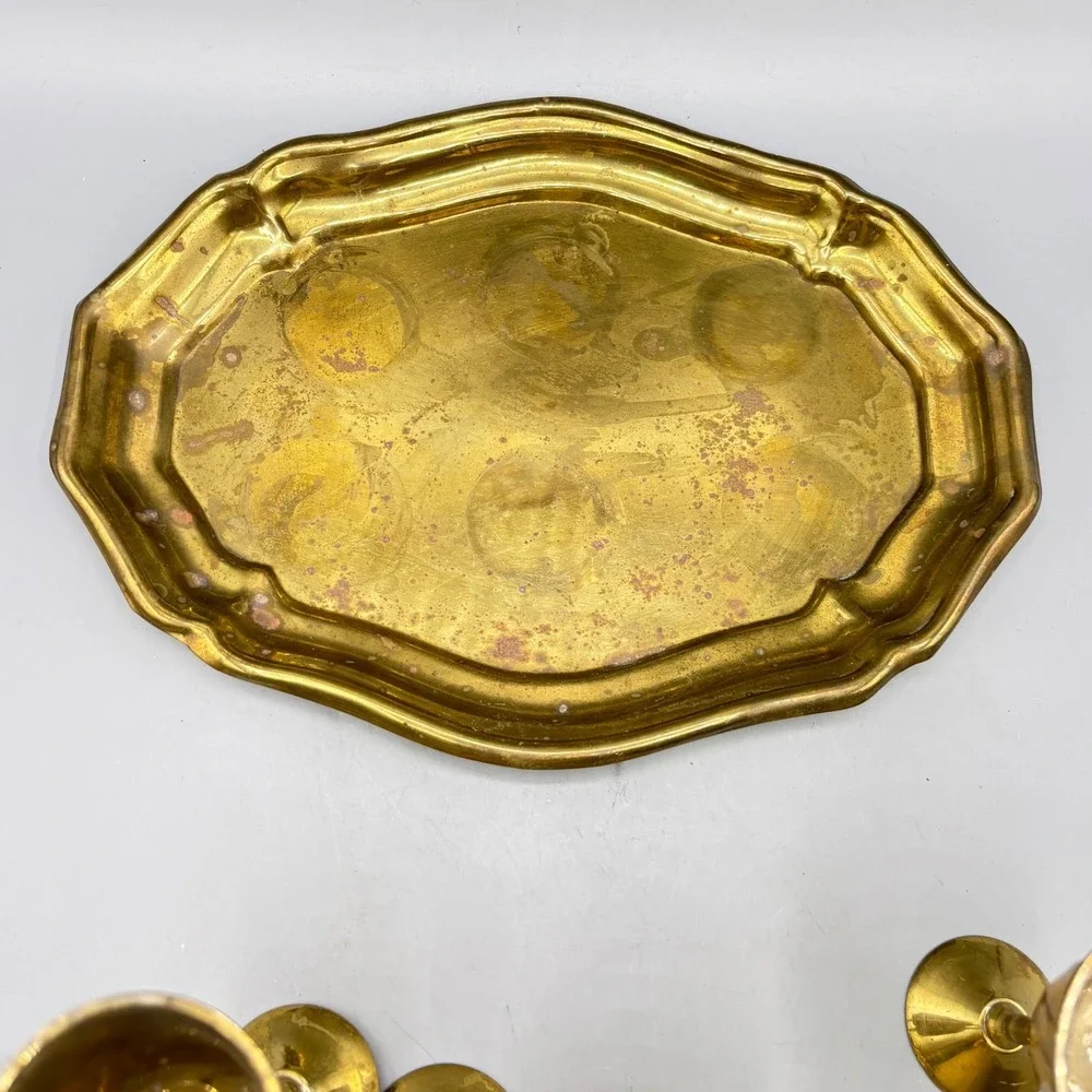 Vintage‎ Brass Liqueur Shot Glasses Set with Octagon Serving Tray Made in India